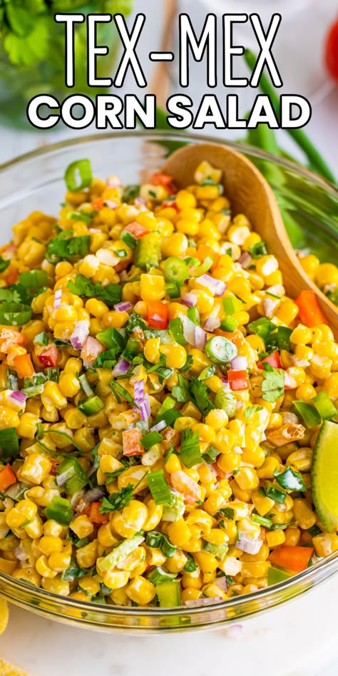 Tex-Mex Corn Salad has all of the big Southwest flavors you love with the perfect kick- this dish is a must-have side or topping to any meal! #BreadBoozeBacon #texmex #cornsalad #corn #salad #bellpepper #jalapeno #greenonion #redonion #dressing #sidedish #potluck #cookout #cincodemayo #4thofjuly Corn Salad Side Dish, Mexican Cookout Side Dishes, Jalapeno Corn Recipes, Raw Corn Salad Recipe, Summer Cold Side Dishes, Side For Grilling Out, Jalapeño Corn Salad, Corn Salad With Jalapenos, Side Dishes To Go With Mexican Food