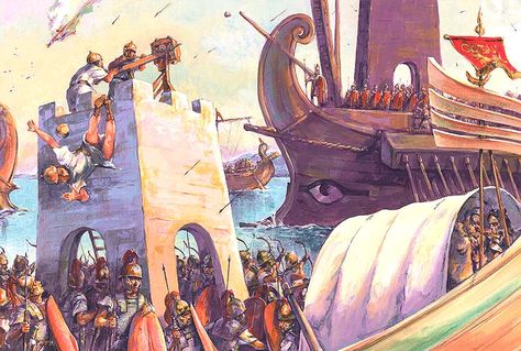 "A gun crew operating a ballista on board one of Octavian's gallerys during the Battle of Actium", Christa Hook Roman Kingdom, European Knight, Battle Of Actium, Ancient Empires, Maritime Art, Medieval Ages, Ancient Warfare, Classical Antiquity, Byzantine Empire