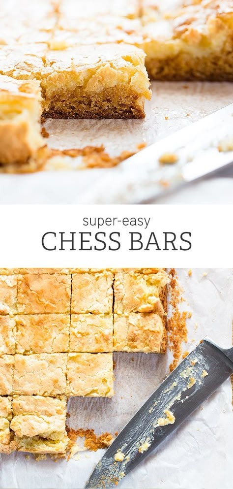 This chess bars recipe is one of the easiest and best desserts out there! Sometimes referred to as chess squares or gooey butter cake, these bars use cream cheese and yellow cake mix for a delicious dessert that's requested year-round! Chess Bars, Chess Squares, Chess Cake, Easy Bar Recipes, Cheese Bars, Easy Bar, Gooey Butter Cake, Square Recipes, Cake Mix Recipes