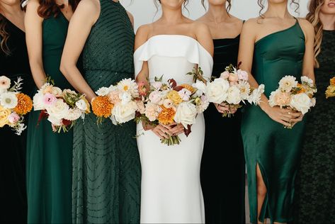 Emerald Green Bridesmaid Dresses With Colorful Flowers, Green Mix And Match Bridesmaid Dresses, Green Bridesmaid Dresses Beach, Bridesmaid Dresses Emerald Green, Bridesmaid Dresses Emerald, Bridesmaid Dresses Colorful, Unique Bridesmaid Dress, Wedding Flowers Colorful, Wedding Colors Unique