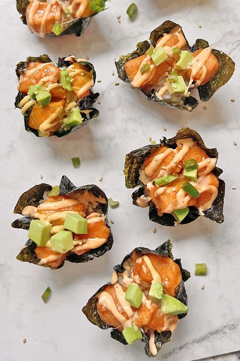 Spicy Salmon Sushi Bites Salmon Muffin Bites, Nori Salmon Cups, Spicy Salmon Recipes Sushi, Seaweed Salmon Cups, Salmon Sushi Balls, Salmon Nori Cups, Seared Salmon Sushi, Baked Salmon Sushi Cups, Poke Cups