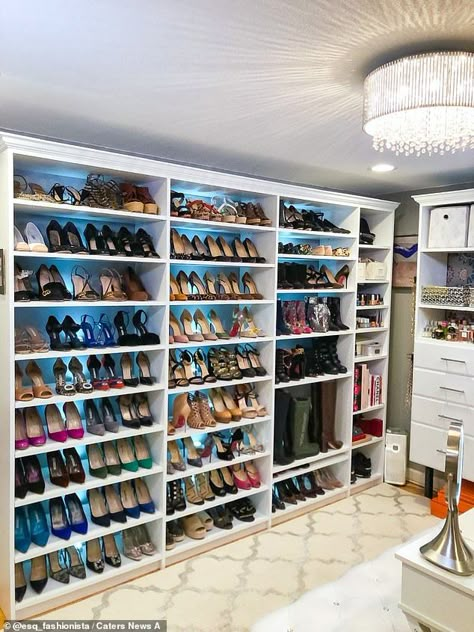 The attorney has been obsessed with shoes since she was a little girl and has added big designer brands Christian Louboutin, Manolo Blahnik, Gucci and Prada to her collection Master Closet Shoe Storage, Closet Shoe Storage Ideas, Best Shoe Storage Ideas, Master Closet Shoe, Best Shoe Storage, Shoe Drawer, Closet Storage Systems, Boots Elegant, Contemporary Shelving