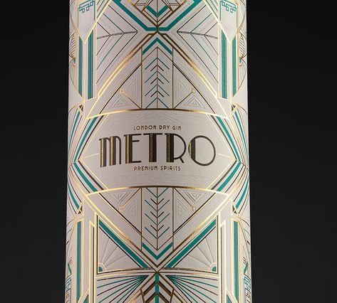 Javier Garduño Estudio De Diseño - METRO Gin - World Brand Design Society / Packaging design for Metro gin. It is inspired by the aesthetics of the film Metropolis and the art deco of the 1920s. A stylized bottle together with a label with an impeccable printing technique, make this gin spectacular and elegant at the same time. Spain Design Graphic, Art Deco Logo Design Brand Identity, Art Deco Web Design, Art Nouveau Packaging, Art Deco Logo Design, Art Deco Packaging, Art Deco Branding, Art Deco Graphic Design, Gin Packaging