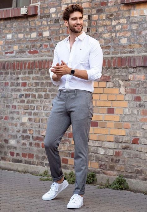 Grey Dress Pants Outfit, Grey Chinos Men, Chinos Men Outfit, Grey Dress Pants Men, Grey Pants Outfit, White Outfit For Men, Grey Pants Men, Military Accessories, Mens Smart Casual Outfits