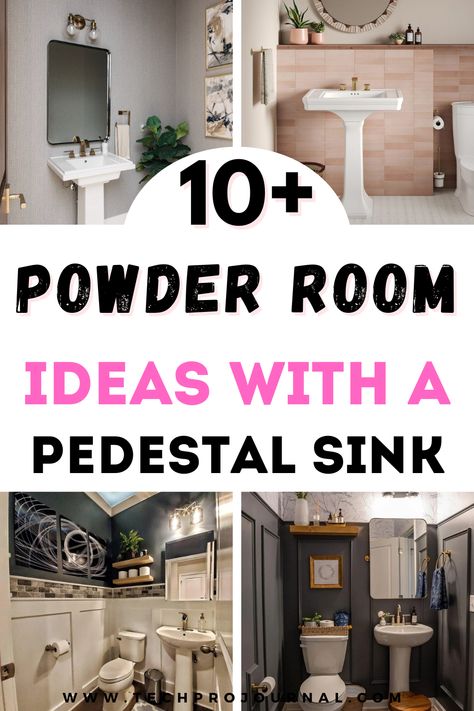 Want to maximize space in your powder room? These ideas with a pedestal sink add elegance without taking up room, giving your powder room a clean, open look that’s as chic as it is practical. Powder Room Toilet Next To Sink, Guest Bathroom Ideas Pedestal Sink, Tiny Bathroom Pedestal Sink, Powder Bathroom Pedestal Sink, Sink On Toilet, Half Bathroom Decor Pedestal Sink, Pedestal Sink Shelf, Half Bathroom Pedestal Sink Ideas, Bathroom Mirror Over Pedestal Sink