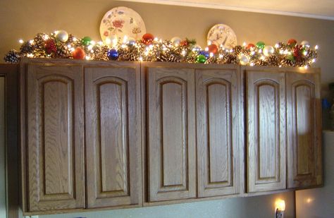 Above my kitchen cabinets... Christmas Decor Above Kitchen Cabinets, Decorate Top Of Kitchen Cabinets, Decor Above Kitchen Cabinets, Top Of Kitchen Cabinets, Decorating Above Kitchen Cabinets, Above Kitchen Cabinets, Above Cabinets, Kitchen Diy Makeover, Kitchen Christmas