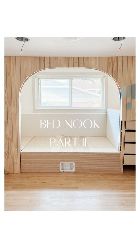 Diy Built In Bed Nook, Window Nook Bed, Bed In Window Nook, Built In Bed Small Room, Built In Beds For Kids Small Room, Built In Queen Bed Nook, Day Bed Nook, Built In Bed With Bookshelves, Nook Bed Ideas