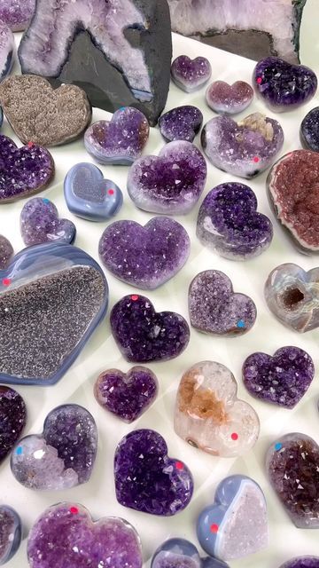 CRYSTALS • GEMS • MINERALS on Instagram: "Sneak peek into the NEW inventory Live Sale Event week two with me! (Brooke) This Tuesday - Friday! 12pm - 7:40pm PST each day. 🥰 If you’re an Amethyst heart lover, this live sale is especially for you! 💓✨" Crystal Heart Aesthetic, Ezra Core, Ameythst Stone Aesthetic, Crystal Corner, Purple Mystical Crystals, Crystal Core, Shiny Rocks, Heart Shaped Amethyst, Mystical Purple Natural Stone Crystals