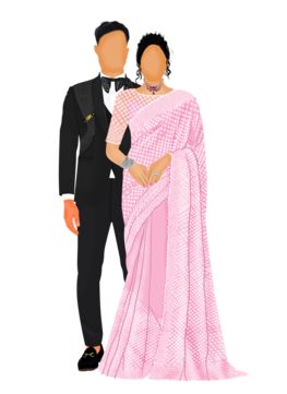 Reception Caricature Indian, Couple Reception Look, Indian Wedding Caricature Couple, Back Pose Illustration, Wedding Caricature Indian, Reception Caricature, Indian Wedding Couple Illustration, Indian Couple Illustration, Wedding Caricature Couple