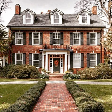 Georgian style home - gable roof - dormer windows coming out of the roof -brick home -chimneys on each end Colonial Revival Homes Exterior, European Red Brick House, Brick Home Aesthetic, Virginia Homes Exterior, Red Brick Georgian House, Modern Colonial Exterior Brick, Fall Colonial House, Colonial Architecture House, Red Brick Country House