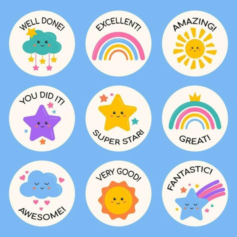 Positive Words For Kids, Great Job Stickers, Badges For Kids, Teaching Stickers, Rewards For Kids, Dont Judge People, Kids Awards, Judge People, Motivational Stickers