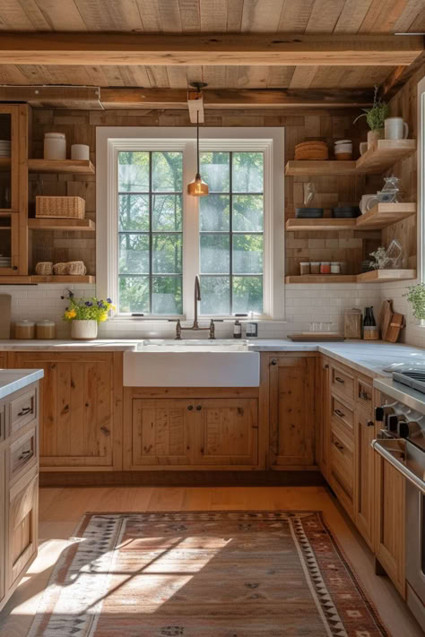 40 Rustic Farmhouse Kitchen Ideas for a Warm Home Farmhouse Log Cabin Interior, White Counter Wood Cabinets, Farmhouse Kitchen Wooden Cabinets, Wood Country Kitchen, Large Cottage Kitchen, Cottage Kitchen Wood Cabinets, Log Home Interiors Kitchens, Cabin Kitchen Design Ideas, Rustic Cottage Kitchen Ideas