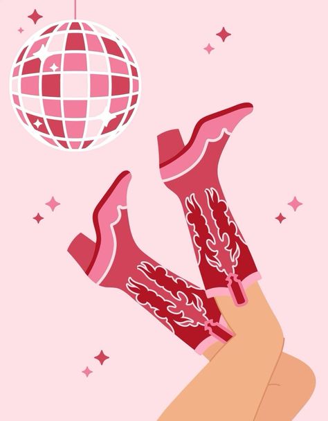 Groovy Cowboy Aesthetic, Cowgirl Boots Painting Canvas, Pink Cowgirl Painting, Cowboy Boots Prints, Pink Cowboy Boots Wallpaper, Disco Cowgirl Illustration, Country Pink Aesthetic, Pink Country Aesthetic Wallpaper, Cowboy Boots Aesthetic Wallpaper