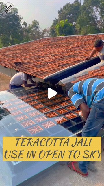 Designer Tiles on Instagram: "Terracotta on roof 🤩 . . . . . . . . . . . . . #terracotta #jalis #roof #house #jalis #renovation #concreteconstruction #construction #housemaking #teracottajalis #ideas" Tile For Terrace, Sheet Roof Design Home, Roofing Tiles Ideas, Garden Ceiling Ideas, Roof Opening Design, Balcony Construction Ideas, Terrace Tiles Ideas, Terracotta Elevation Design, Terracotta Design Ideas