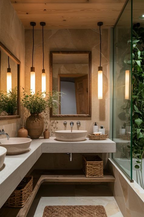 Create an organic luxury bathroom using natural textures like stone and wood. Enhance the ambiance with soft lighting, woven mats, and lush plants for a tranquil spa-inspired retreat. #BathroomLuxury #SpaInspiredBathroom #OrganicBathroomDesign #RusticCharm #ModernSophistication #GreenBathroomDecor #NaturalElements #BathroomGoals #WoodAndStone #SereneBathroom Stone Inspired Bathroom, Organic Modern Interior Design Bathroom, Moroccan Spa Bathroom, Moss Bathroom Decor, Natural Organic Bathroom Design, Organic Bathroom Ideas, Modern Earthy Bathroom, Spa Like Bathroom Ideas, Yoga Cafe