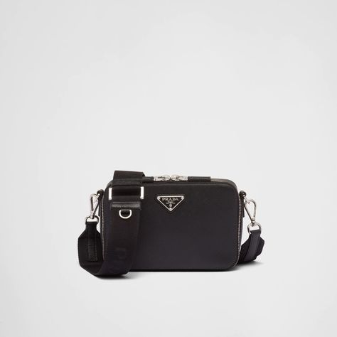 Black Saffiano leather Prada Brique bag | Prada Prada Bag Men, Prada Camera Bag, Prada Belt Bag, Mini Crossover, Tape Shoulder, Mens Crossbody Bag, Luxury Bags Collection, Bag Prada, Prada Logo