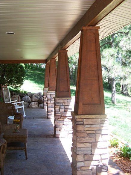 Stained wood paneled tapered atop a stone pedistal Stone Front Porch Ideas, Stone Front Porch, Craftsman Columns, Front Porch Stone, Porch Pillars, Front Porch Remodel, Craftsman Porch, Front Porch Columns, Porch Remodel