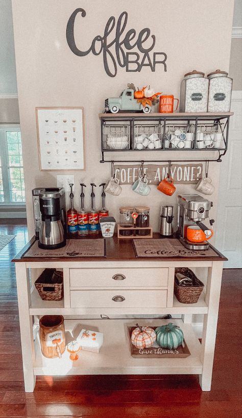 Fall coffee bar, fall decor, coffee bar, farmhouse coffee bar, teal and orange fall Renovating Apartment, Coffee Bar In Kitchen, Bar In Kitchen, Bars Ideas, Coffee Bar Ideas Kitchen Counter, Coffee/wine Bar, Bar Farmhouse, Coffee Mornings, Coffee Inspiration