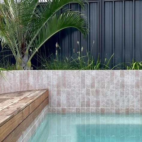 Plunge Pool Design created for an under-utilised area in a small backyard on an awkard shaped block forming part of our extensive outdoor renovation project 🩵 Landscape Design Details @outsideinbydenise #pooldesign #perthpools Pool Tiles – Thirroul Bone Matt Subway @tilecloud Timber Deck – Silver Top Ash @lifewoodaustralia Stone Paving – Braham @matakastone Seamless Pool Edge - Architectural White @limecreteperth Project Management & Landscape Install @revelllandscaping Pool Builder @w... Plunge Pool Design, Landscaping Tropical, Decks Around Pools, Stone Paving, Outdoor Renovation, Pool Finishes, Pool Tiles, Backyard Pools, Backyard Pool Landscaping