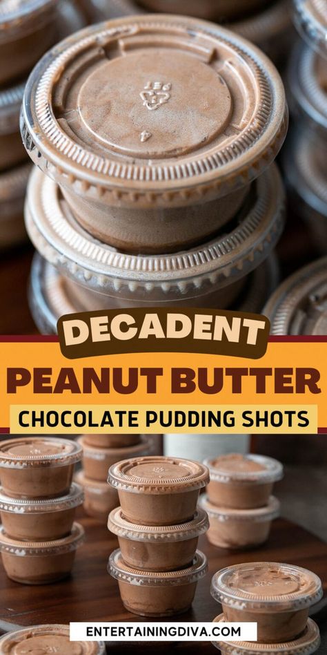 Make these creamy and fluffy Chocolate & Peanut Butter Pudding Shots with Skrewball peanut butter whiskey and instant chocolate pudding mix. Easy to make and will be loved by your party guests. Peanut Butter Pudding Shots, Pudding Jello Shots, Chocolate Pudding Shots, Pudding Shot Recipes, Peanut Butter Pudding, Best Jello Shots, Halloween Jello Shots, Peanut Butter Whiskey, Jello Pudding Shots