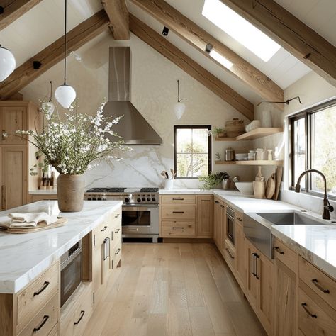 The Ultimate Guide to Modern Organic Kitchen: 25 Stunning Ideas Gable Kitchens, Kitchen Design Mountain House, Wooden Modern Kitchen Design, Kitchen In Vaulted Ceiling, Ultimate Kitchen Design, Mountain Kitchen Design, Mountain Kitchen Ideas Modern, Rustic Home Interior Design Ideas, Organic Kitchen Ideas