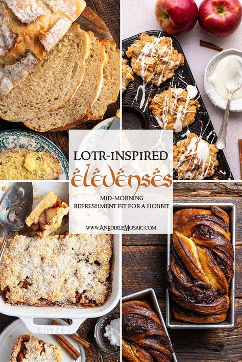 Hobbit elevenses (or morning tea) pairs a tasty baked good recipe with a cuppa for relaxing mid-morning snack. The perfect blend of fall vibes and cozy cottagecore aesthetic all wrapped up in a Tolkein-inspired hobbit meal. 🥰 Lord Of The Rings Bread Recipe, Lotr Charcuterie Board, Hobbit Breakfast Recipes, Lembas Bread Recipe Lord Of The Rings, Hobbit Christmas Aesthetic, Lord Of The Rings Meals, Elevenses Food, Hobbit Luncheon, Elven Food Recipes