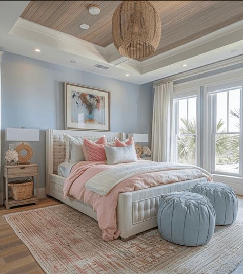 Blue Room With Pink Accents, Beach Theme Master Bed, Master Bedrooms Light Blue, Peach Coastal Bedroom, Blue Bedroom Teenage Girl, Large Guest Bedroom Ideas, Girls Room Blue Walls, Pink Costal Bedroom Ideas, Teen Beach Room Ideas