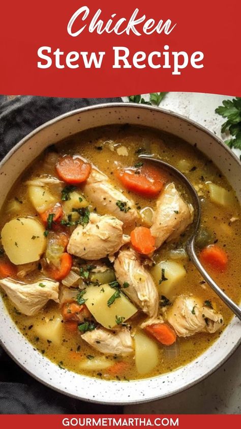 Warm up with this classic chicken stew recipe, loaded with tender chicken, fresh veggies, and rich flavors. It's the perfect comfort food for any season. Ready to cook? Click for the recipe #ChickenStew #ComfortFood #HeartyMeals #ChickenRecipes #HomemadeStew #EasyDinner #HealthyComfortFood Chicken And Veggie Stew, Old Fashioned Chicken Stew, Chicken Stew In Dutch Oven, Chicken Stew Dutch Oven, One Pot Chicken Stew, Healthy Chicken Stew Recipes, Dutch Oven Chicken Stew, Hearty Chicken Stew, Chicken Breast Stew Recipes