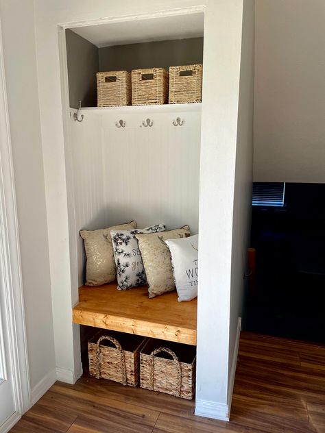 Hall Closet Converted To Mud Room, Open Closet Ideas Hallways, Open Closet In Entryway, Closet Remodel Entryway, Turning A Small Closet Into A Mudroom, Tiny Closet Mudroom, Laundry Mud Room Closet, Entryway Closet Turned Mudroom, Tiny Mud Room Ideas Entryway