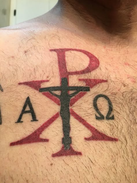 Chi Rho Catholic Tattoo Ideas, Chi Rho Tattoo, Vintage Compass Tattoo, Catholic Tattoos, Outer Forearm Tattoo, Biblical Tattoos, Cupid Tattoo, Mens Tattoos, Heaven Tattoos