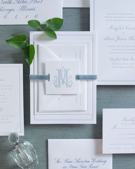 This classic dusty blue wedding invitation with a custom monogram and velvet ribbon is one of my favorites! 💙 #classicbride #classicwedding #custominvitations #customstationery #elegantweddinginvitation #estatewedding #luxuryinvitations #springwedding #summerwedding #weddinginvitation Light Blue Wedding Stationary, Wedding Invitation With Monogram, Blue And White Wedding Stationary, Wedding Invitation Packaging Ideas, Wedding Invitation Suite Assembly Ribbon, Blue White Wedding Invitation, Blue Letterpress Wedding Invitations, Wedding Invitations With Crest, Classic Wedding Invitation Suite