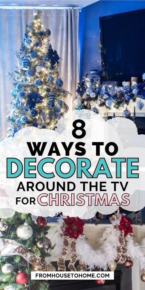 These simple and elegant Christmas mantel decorating ideas will help you decorate for the holiday season even when there's a TV above your fireplace! Tv Above Fireplace Christmas Decor, Mantel Decorating Ideas For Christmas With Tv, Mantel With Tv Christmas Decor, Christmas Mantle With Tv Above Fireplace, Christmas Mantle Under Tv, How To Decorate Mantel With Tv Above It, Christmas Fireplace Mantels With Tv, Christmas Decor Fireplace With Tv, Tv Mantle Christmas Decor