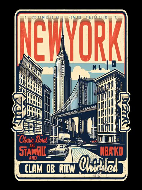 Vintage New York City Skyline illustration featuring iconic landmarks in sepia tones, including the Empire State Building and Brooklyn Bridge. City Poster Illustration, Vintage City Posters, New York Illustration Art, New York Old Money, New York Graphic Design, New York City Illustration, Landmark Illustration, Nyc Poster, Vintage Cityscape