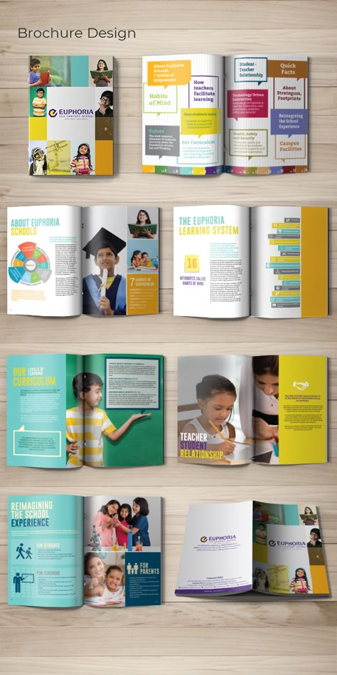 School Pamphlet Design Creative, School Booklet Design, School Magazine Ideas Layout Design, School Brochure Design Ideas, School Brochure Design Creative, Euphoria High School, School Magazine Design, Education Brochure Design, School Prospectus Design