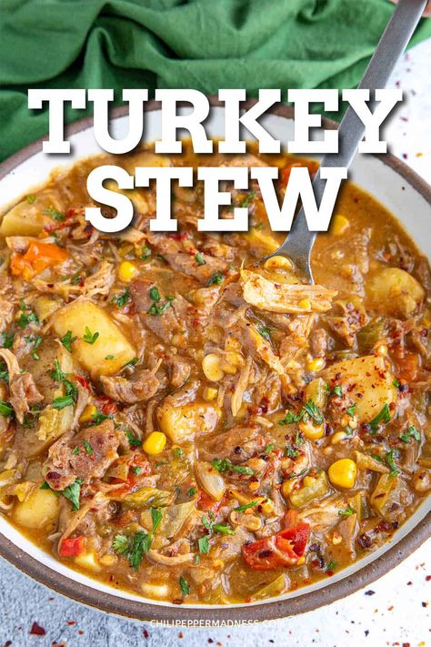 This comforting turkey stew is thick and creamy from a rich roux, loaded with tender turkey, potatoes, and flavorful spices, great for leftover turkey. Dark Roux, Wild Turkey Recipes, Turkey Crockpot Recipes, Turkey Stew, Turkey Soup Recipe, Shredded Turkey, Crockpot Turkey, Spicy Chicken Recipes, Leftover Turkey Recipes