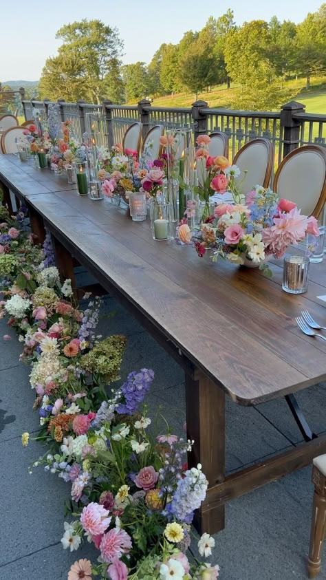 Bridal Luncheon Floral Centerpieces, Table Landscape Ideas, Vintage Floral Party Theme, Spring Inspired Wedding Decor, Wedding Themes Flowers, Wildflower Bridal Party Theme, Low Wildflower Centerpiece, May Garden Wedding, Flowers For Party Tables