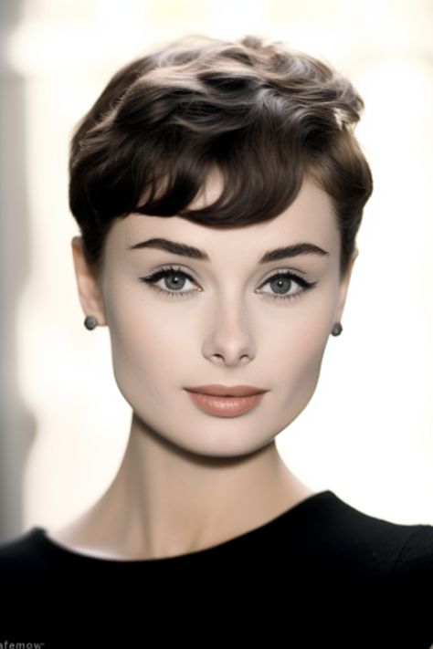 The classic pixie hairstyle inspired by Audrey Hepburn exudes elegance and suits face shapes including oval faces. This timeless haircut is particularly flattering for fine hair and requires minimal maintenance. Click here to check out more cute pixie haircuts trending for 2023. Pixie Haircut Audrey Hepburn, Audrey Tautou Hair Pixie, Pixie Haircuts For Oval Faces, Audrey Hepburn Pixie Haircut, Short Elegant Haircut, Short Hair Elegant Styles, Pixie Haircut For Oval Faces, Pixie Cut Oval Face, Pixie Cuts For Oval Faces