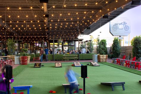 This Place Rocks!!!  Culinary Dropout, The Yard, Phoenix. Outdoor Sports Bar Ideas, Culinary Dropout, Motorcycle Dealership, Brewery Design, Outdoor Restaurant Design, Food Park, Restaurant Patio, Outdoor Game, Restaurant Concept