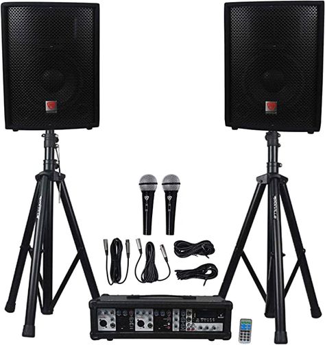 Amazon.com: Rockville Package PA System Mixer/Amp+10" Speakers+Stands+Mics+Bluetooth, (RPG2X10) : Musical Instruments Speakers Stands, Best Sound System, Stand Mic, Pa System Speakers, Dj System, Speaker Cables, Sound System Speakers, Speaker Bluetooth, Sound Speaker