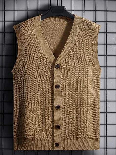 Men Button Front Vest Cardigan | SHEIN USA Cardigan Vest Sleeveless, Men Knitwear, Ss 25, Plain Cardigan, Vest Cardigan, Vest Men, Cardigan Sweater Vest, Sweater Vests, Yellow Cardigan