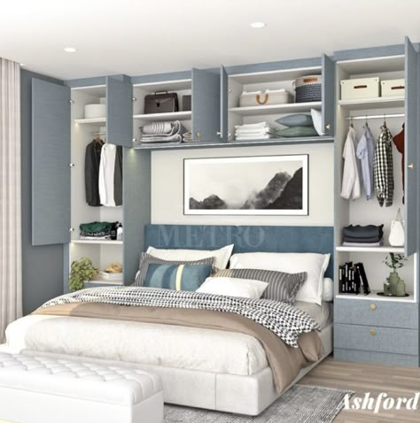 Diy Bedroom Built Ins Around Bed, Bedroom With Wardrobe On Both Sides, Wardrobe Headboard Built Ins, Storage Cabinet Above Bed, Bed With Cabinets Around, Bed With Built In Storage, Built In Double Bed With Storage, Fitted Bedroom Ideas For Small Rooms, Overbed Wardrobe Small Spaces