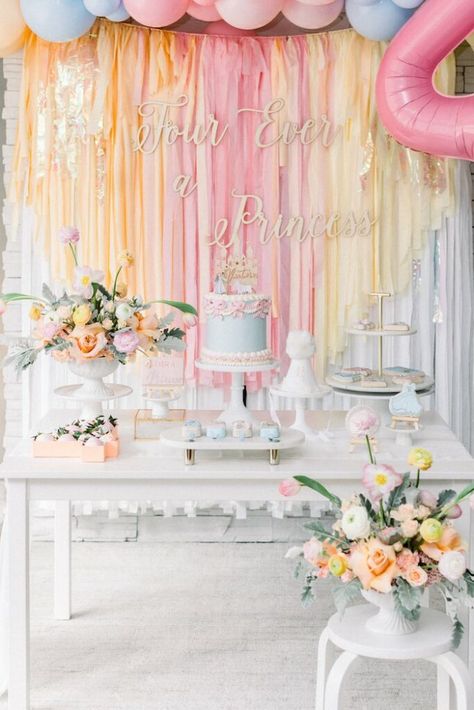 Cakesicles Birthday, Tassel Backdrop, Pastel Balloon Garland, Layered Fringe, Princess Theme Birthday, Princess Decorations, Princess Tea Party, Cinderella Birthday, Themed Cookies