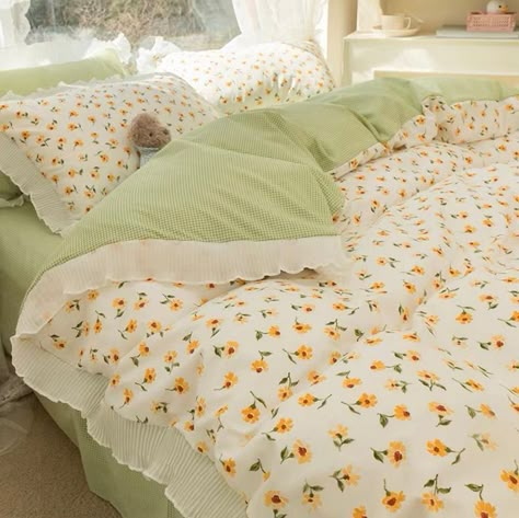 Green Ruffles Duvet Cover Set | Yellow Flower Gentle Bedding | Dorm Bedding gift set| Cottagecore Bedding | Full Queen King Duvet Cover Follow my shop @Triciamicheala on the @shop.LTK app to shop this post and get my exclusive app-only content! #liketkit #LTKGiftGuide #LTKeurope #LTKhome @shop.ltk https://liketk.it/48t5P Floral Bedding Set, Pillow Case Bed, Floral Bedding Sets, Dekorasi Kamar Tidur, Floral Bedding, Floral Quilt, Flat Bed, Dream Room Inspiration, Princess Style