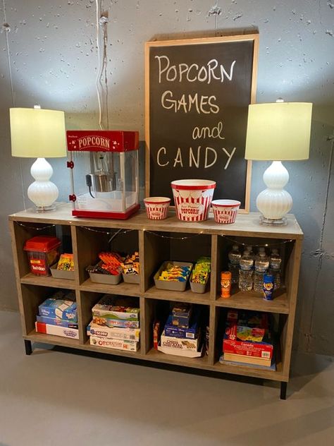 Game Room Gifts, Basement Playroom Movie Room, Garage Snack Bar, Family Hang Out Room, Downstairs Hangout Room, Media Room Snack Bar Ideas, Small Movie Rooms In House, Movie Bonus Room, Snack Bar Movie Room