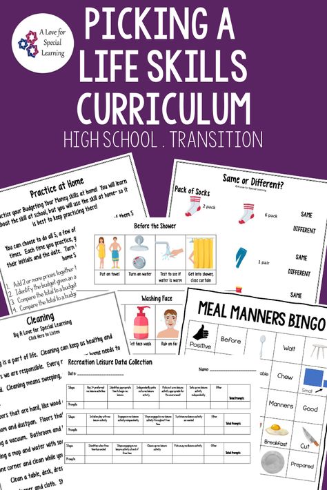 Read this blog post about my teacher created functional life skills curriculum. Designed for high school and transition special education students, the lessons are consistent, engaging, and creative. Independent living, money, vocational, restaurant, cooking and kitchen, and technology skills, recreation leisure, and more! The curriculum bundle covers functional life skills and activities of daily living and includes lesson units with notes, activities, review, task cards, test, and assessment. Free Life Skills Curriculum, Life Skills Curriculum Special Education, High School Life Skills Classroom, Middle School Life Skills Classroom, Secondary Life Skills Classroom, Prevocational Activities Life Skills, Functional Life Skills Special Education, Transition Special Education Life Skills, Life Skills Special Education High School Vocational Tasks