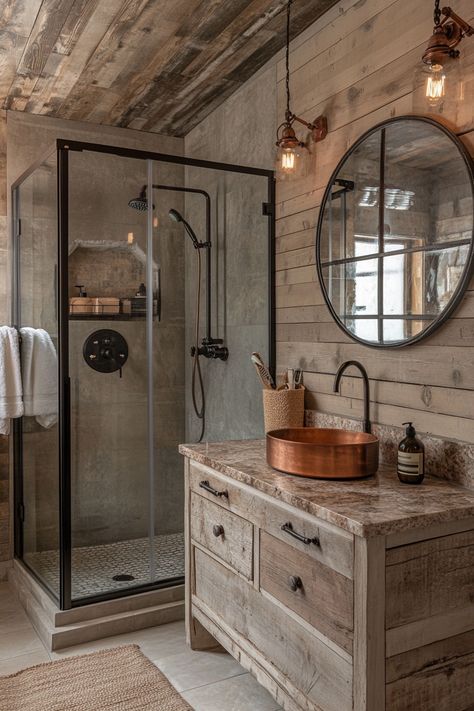 Discover the perfect blend of rustic charm and modern design in this stunning bathroom. Featuring a sleek glass shower, wooden vanity, and copper accents, it's a tranquil retreat. Upgrade your space with these modern bathroom ideas! #BathroomInspo #HomeDecor #ModernBathroomIdeas Modern Bathroom Design Guest, Rustic Pool Bathroom Ideas, Vaulted Ceiling Bathrooms, Country Cottage Shower Room, Master Bath Ideas Rustic, Shower Cabin Design, Barndominium Bathroom Ideas Rustic, Modern Rustic Interior Design Bathroom, Master Bath Ideas With Vanity