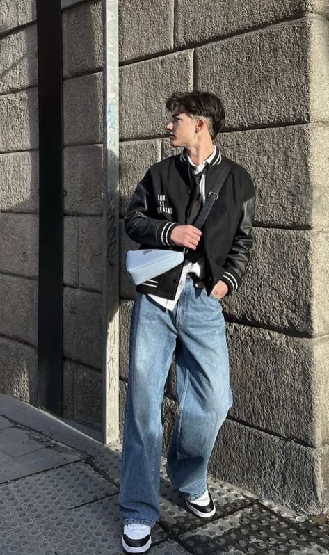 baggy jeans, black jacket, winter outfit, outfit inspo, men’s fashion, outfit ideas for men Baggy Fashion Outfits Men, Baggy Denim Jacket Outfit Men, Men In Baggy Jeans, Baggy Jeans Outfit 90s Men Street Styles, Baggie Jeans Men, Styling Baggy Jeans Men, Baggy Jeans Outfit Men Aesthetic, Baggy Jeans Outfit For Men, Black Baggy Outfit Men