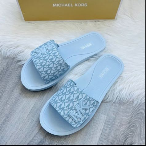 NWT Michael Kors Logo Pool Slide Sandals Michael Kors Slippers, Mk Slippers, Michael Kors Slides, Mk Sandals, Slippers Outfit, Michael Kors Wedges, Pool Slide, Trendy Shoes Sneakers, Michael Kors Sandals