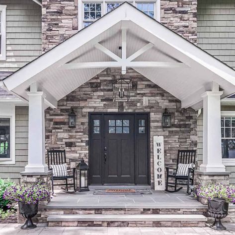 One Step Porch Ideas, Small Front Porch Roof Ideas, Front Porch Stoop Ideas, Peaked Front Porch, Stone Porch Ideas, Front Porch Without Roof, Stone Front Porch Ideas, Front Porch With Stone, Front Stoop Ideas