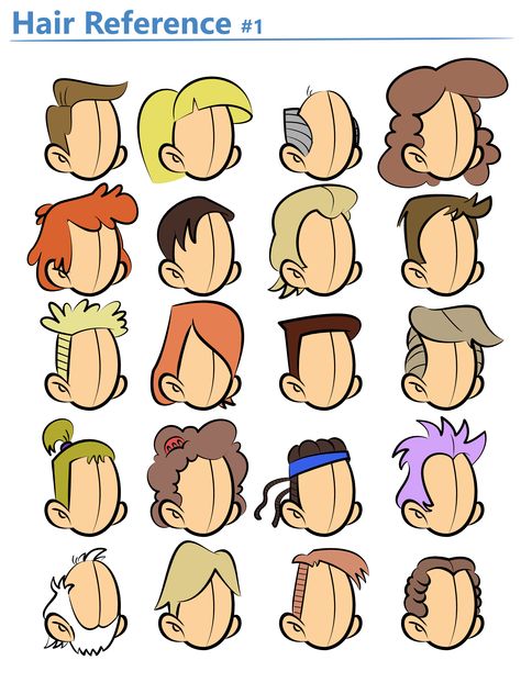 Cartoon Mullet Hair, Hair Reference Cartoon, Modern Cartoon Characters, Cartoon Drawings Hair, Cartoon Hair Ideas, Hair Color Illustration, Cartoon Head Reference, Hair Styles Cartoon, Cartoon Art Style Reference